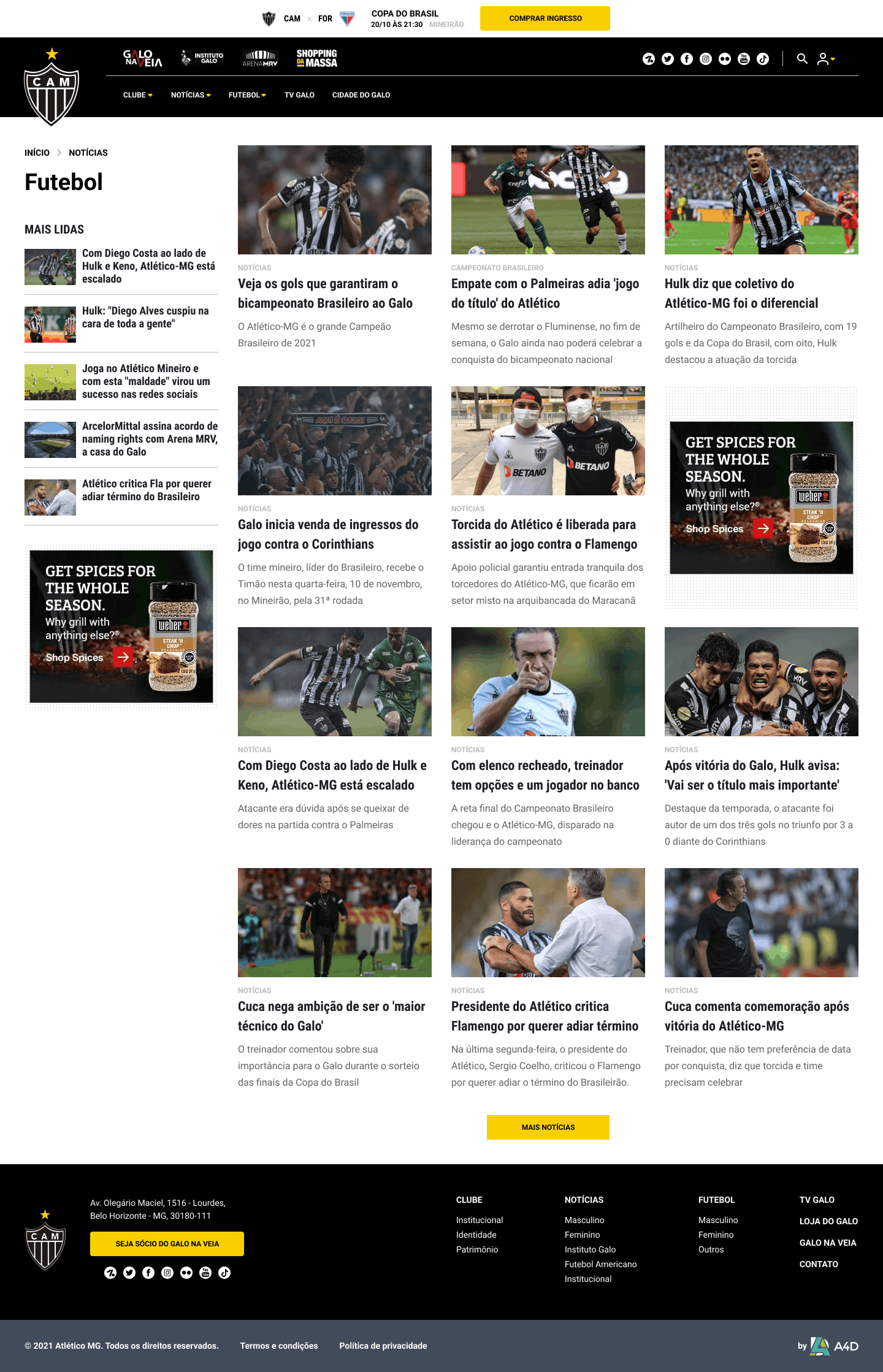 Atlético-MG news category page showing a multi-column grid of article cards with thumbnails, headlines, excerpts, and a sidebar with most-read stories.