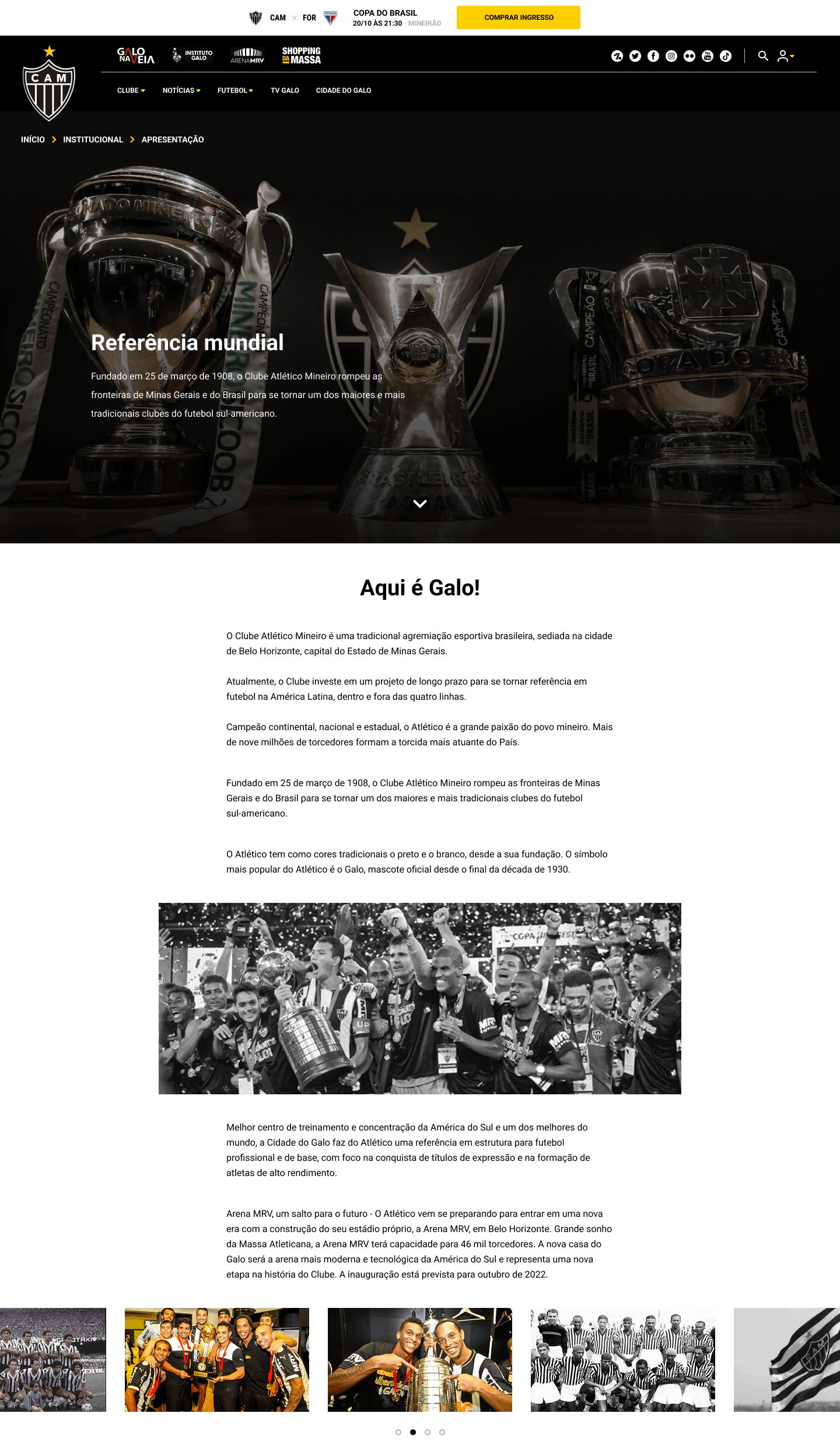 Atlético-MG institutional page showing a full-width hero banner with trophies, club presentation text, and a gallery section with historical photos.