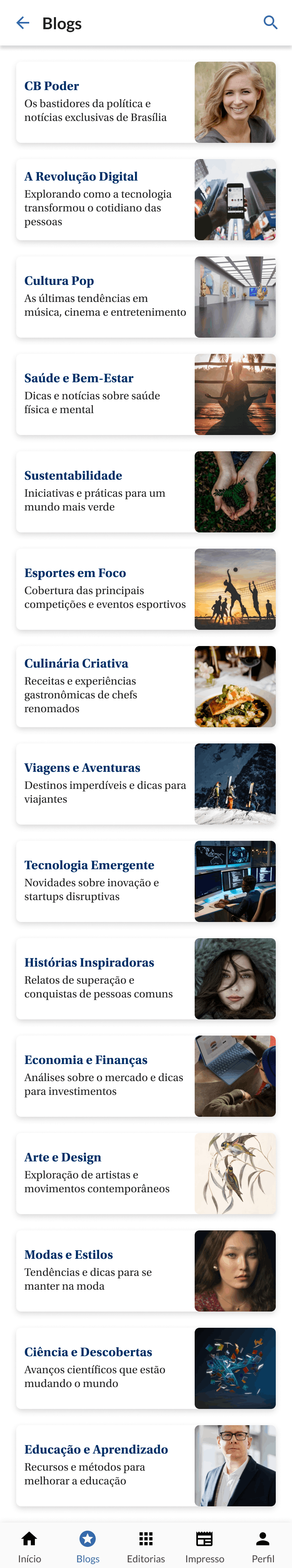 Blogs screen showing a list of blog categories with titles, short descriptions, thumbnails, and bottom navigation.