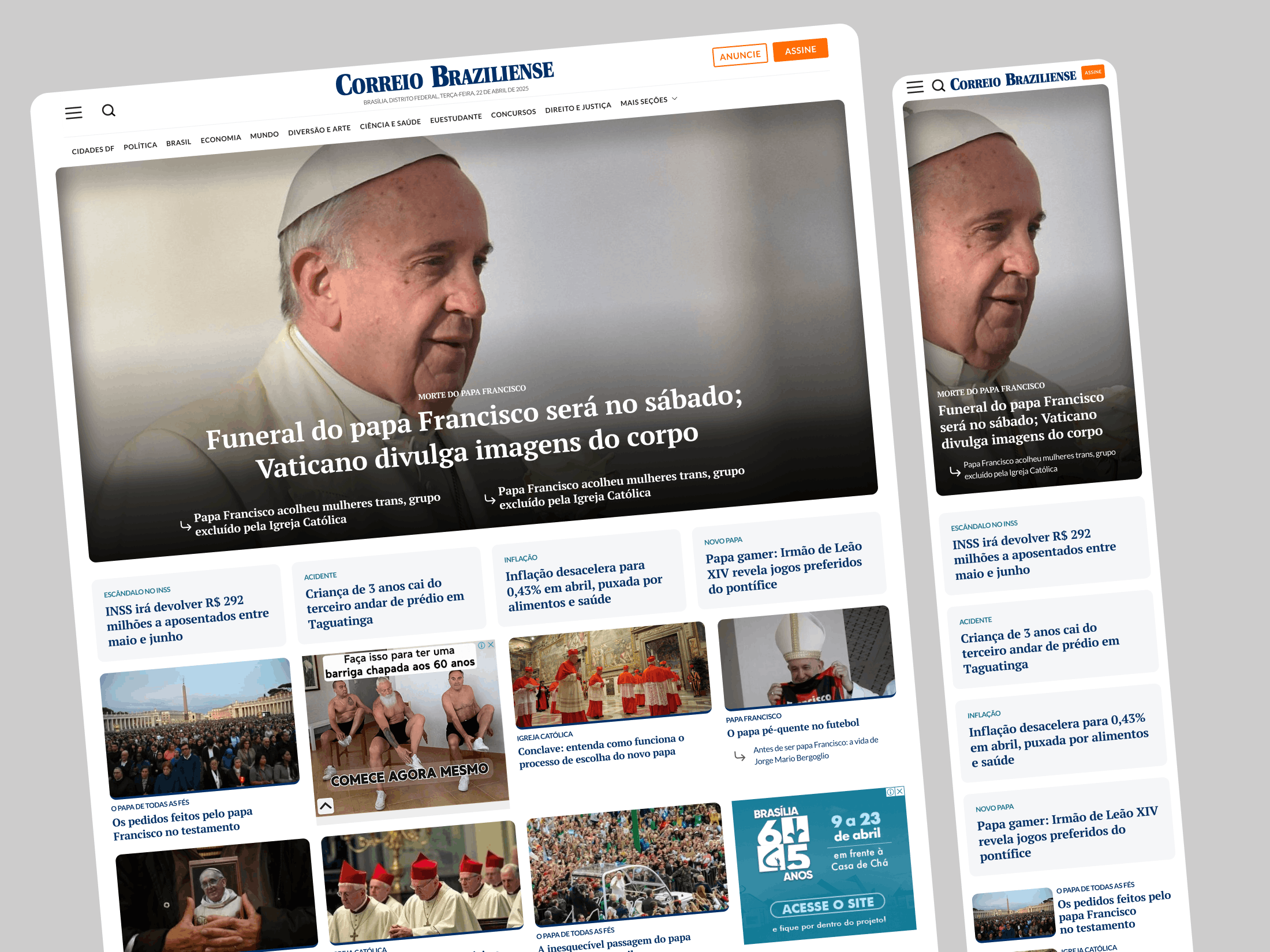 Home screen variation showing a news feed layout with featured content, article list, thumbnails, and bottom navigation.