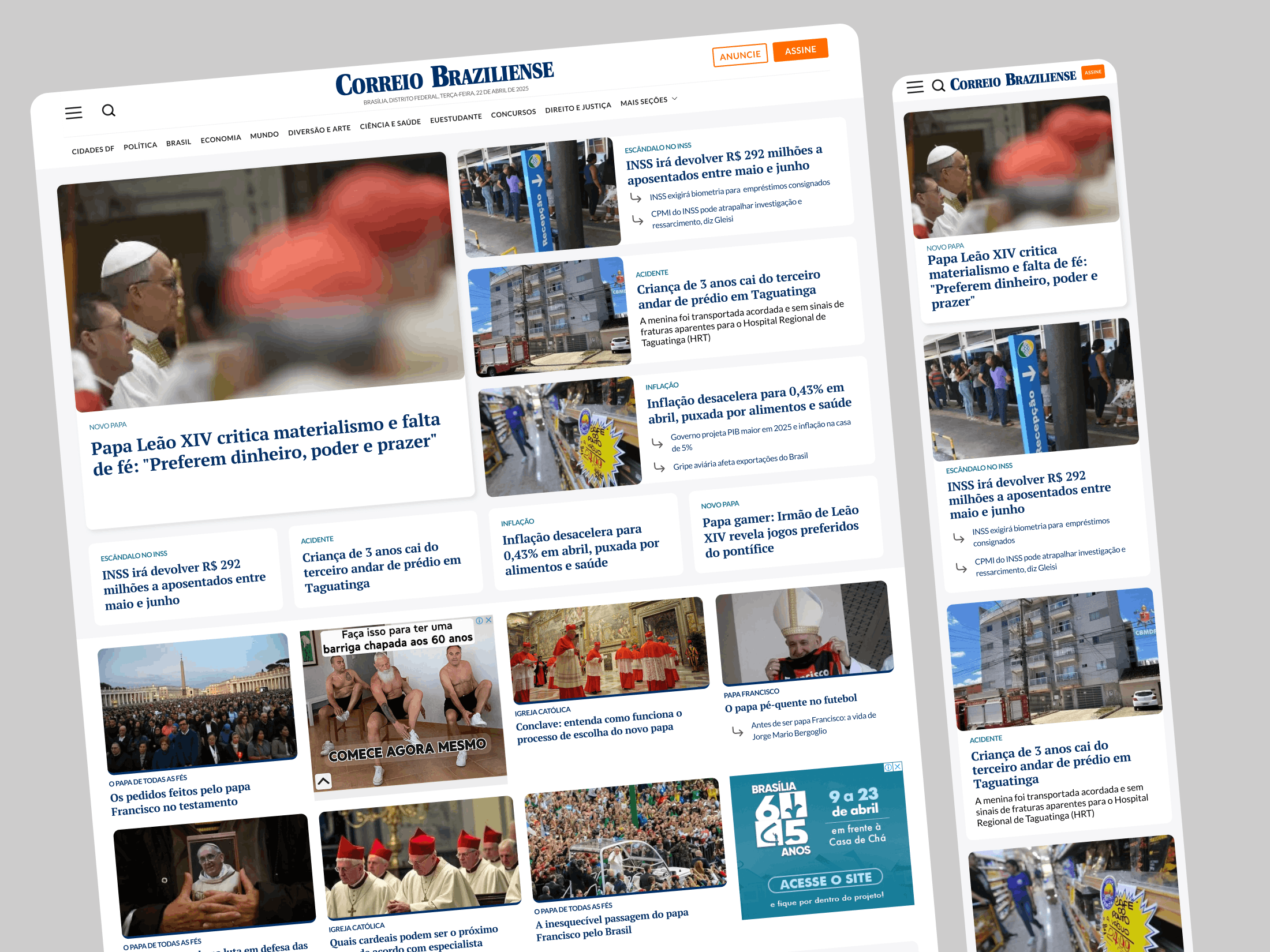 Home screen variation presenting an alternative news feed structure with highlighted headlines, article cards, and quick access navigation.