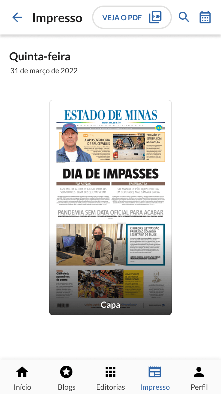 Print edition screen showing the date, newspaper cover preview, and a View PDF button.