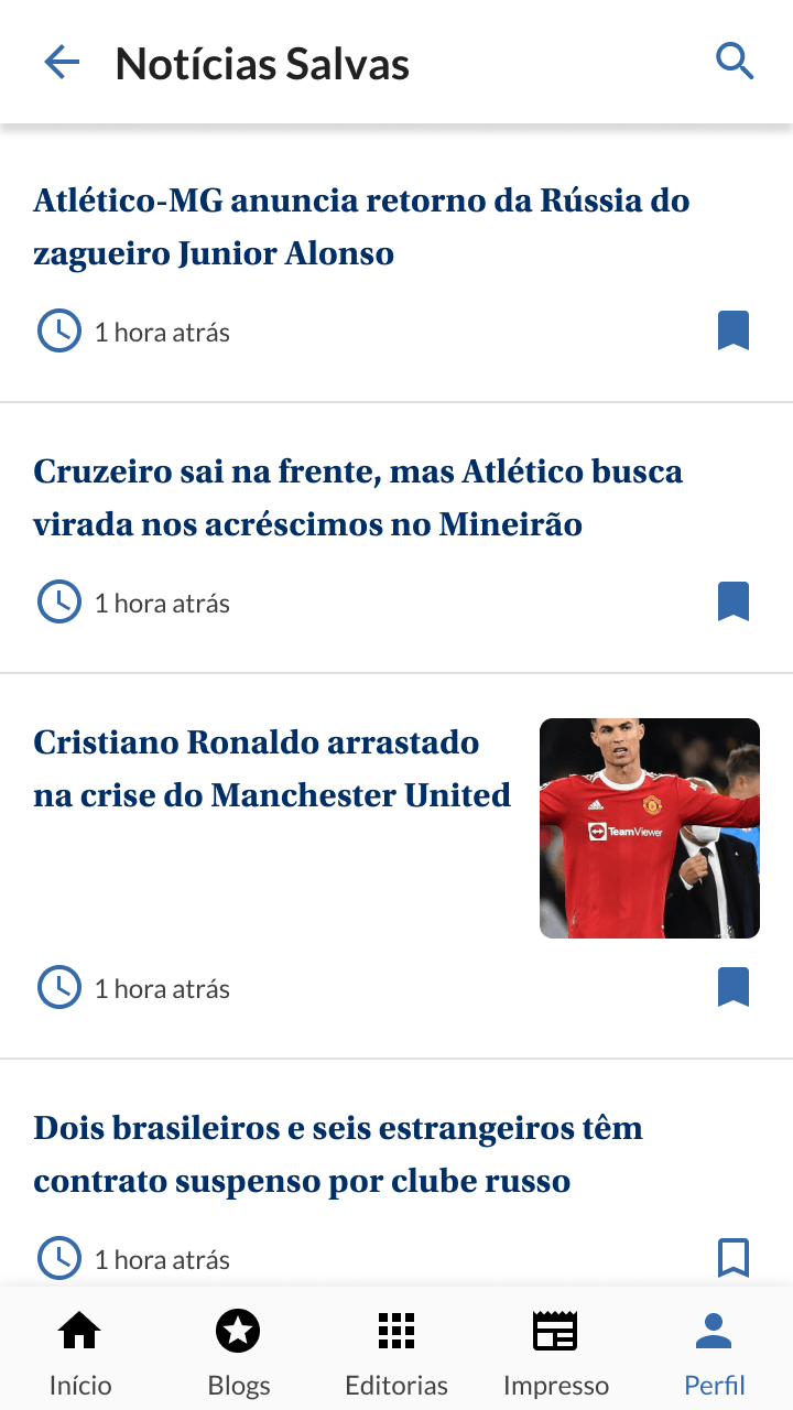 Saved news screen showing a list of bookmarked articles with timestamps and bookmark icons.