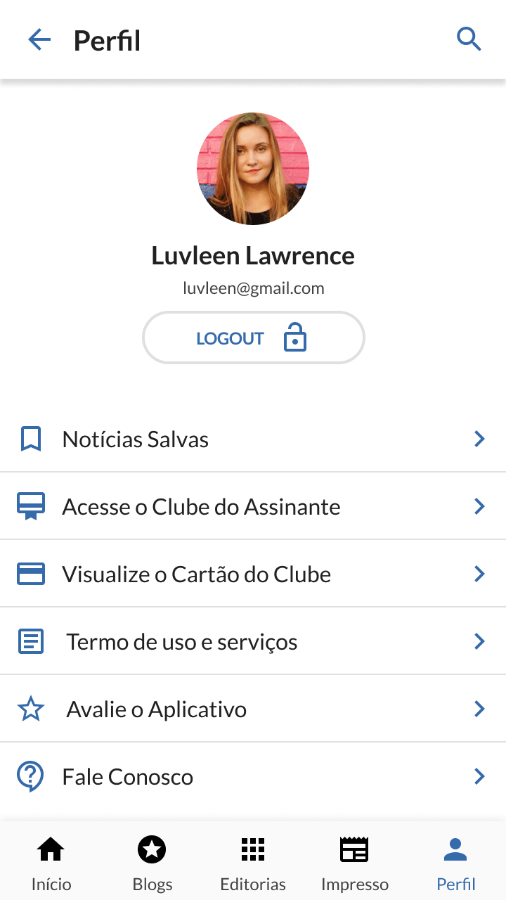 Profile screen with user info, logout button, and menu options like saved news, subscriber club, terms, rating, and contact.