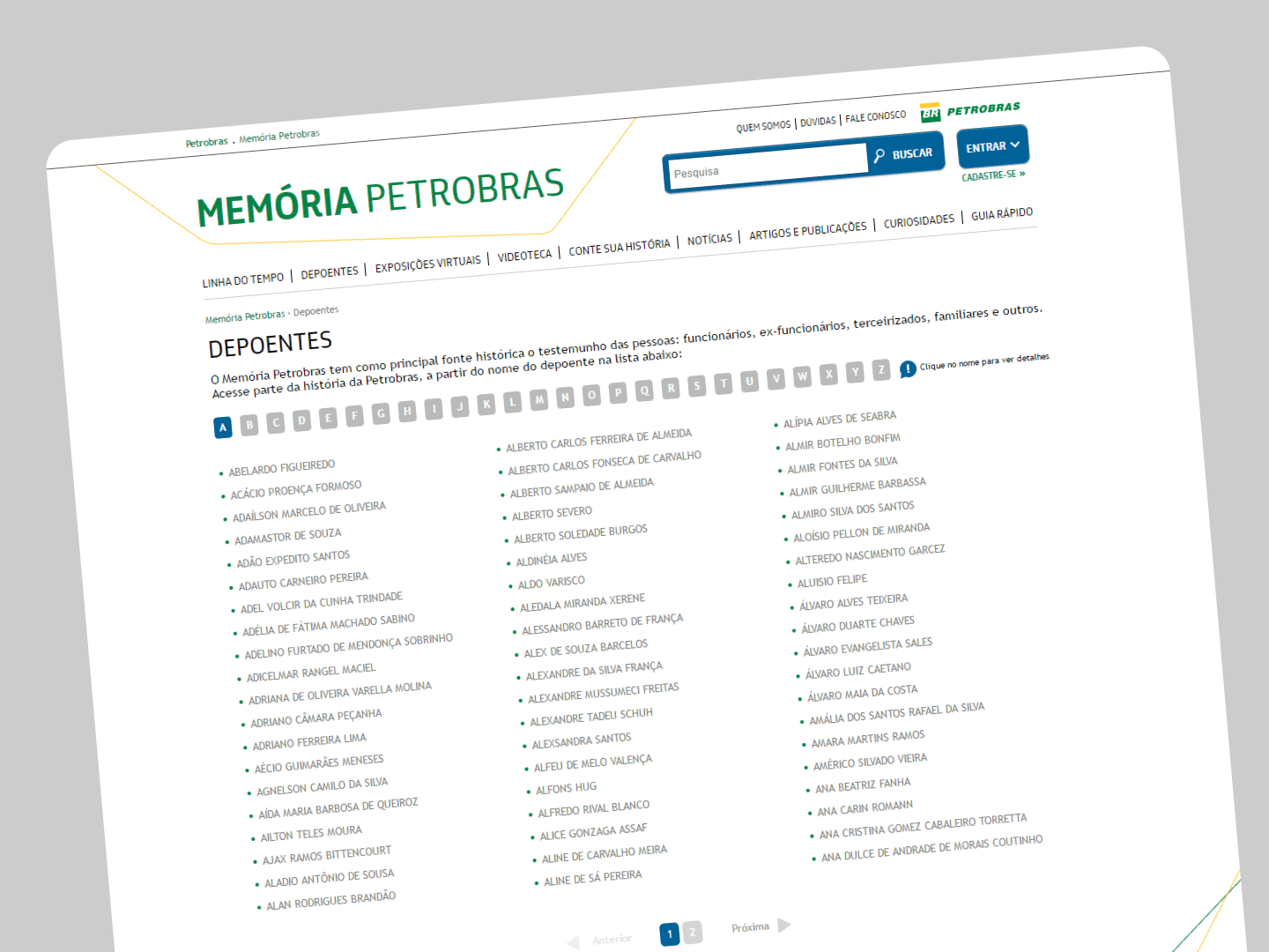 Depoentes listing page displaying an alphabetical index of contributors with multiple columns for easy browsing of testimonies.