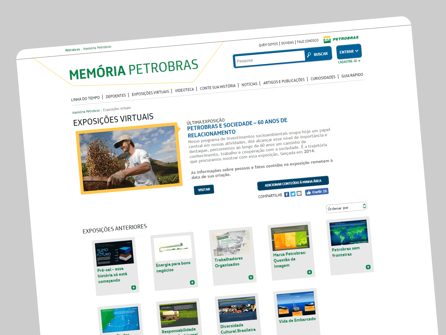 Virtual exhibitions page highlighting featured and past exhibitions with visual cards and access to curated historical content.