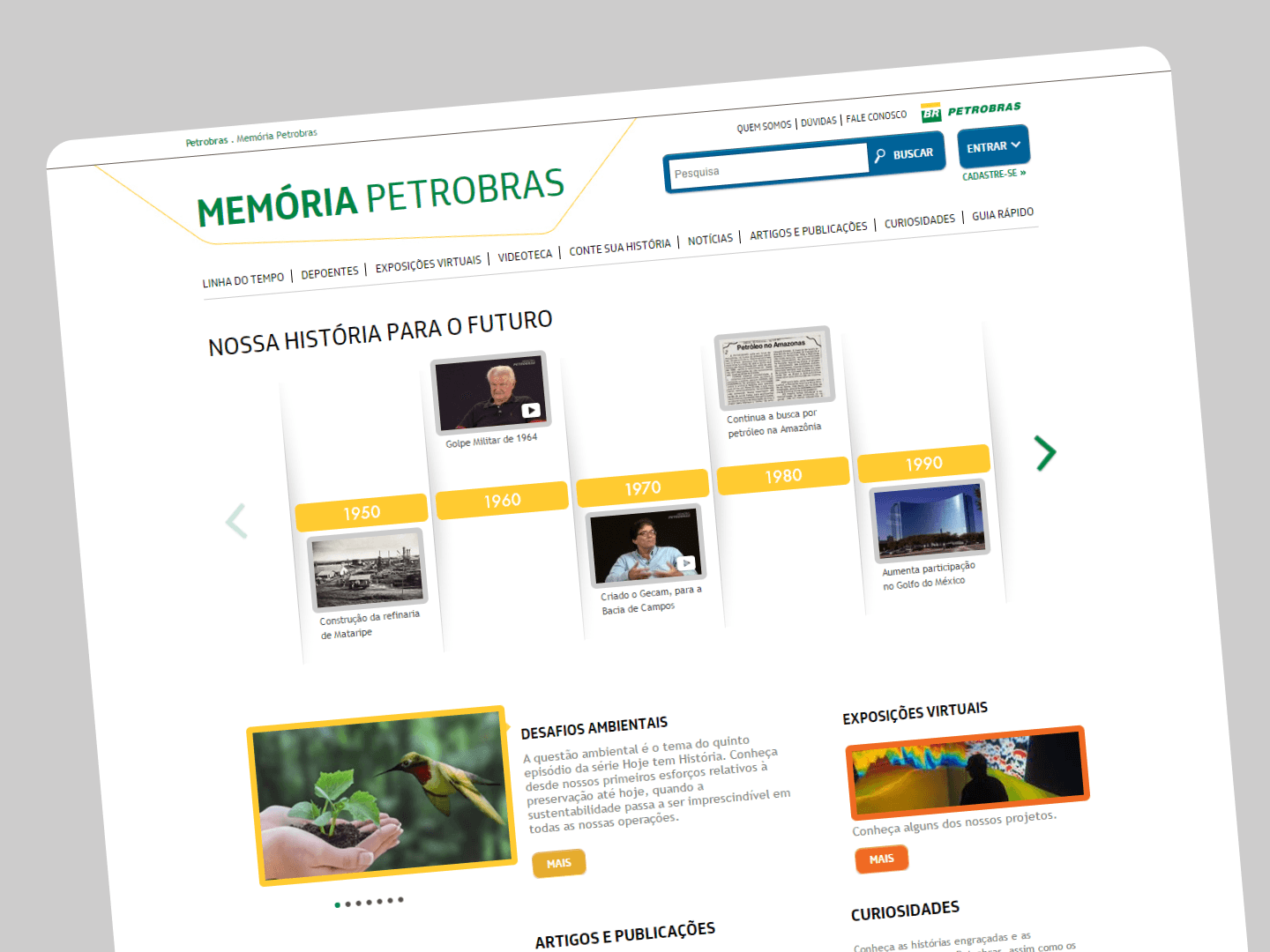 Homepage presenting a timeline of Petrobras history, featured stories, and sections for environmental topics, exhibitions, and publications.