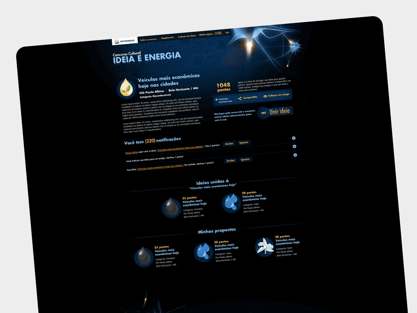 Idea submission and detail page showing a participant proposal with description, engagement metrics, and sharing options for social media and email.