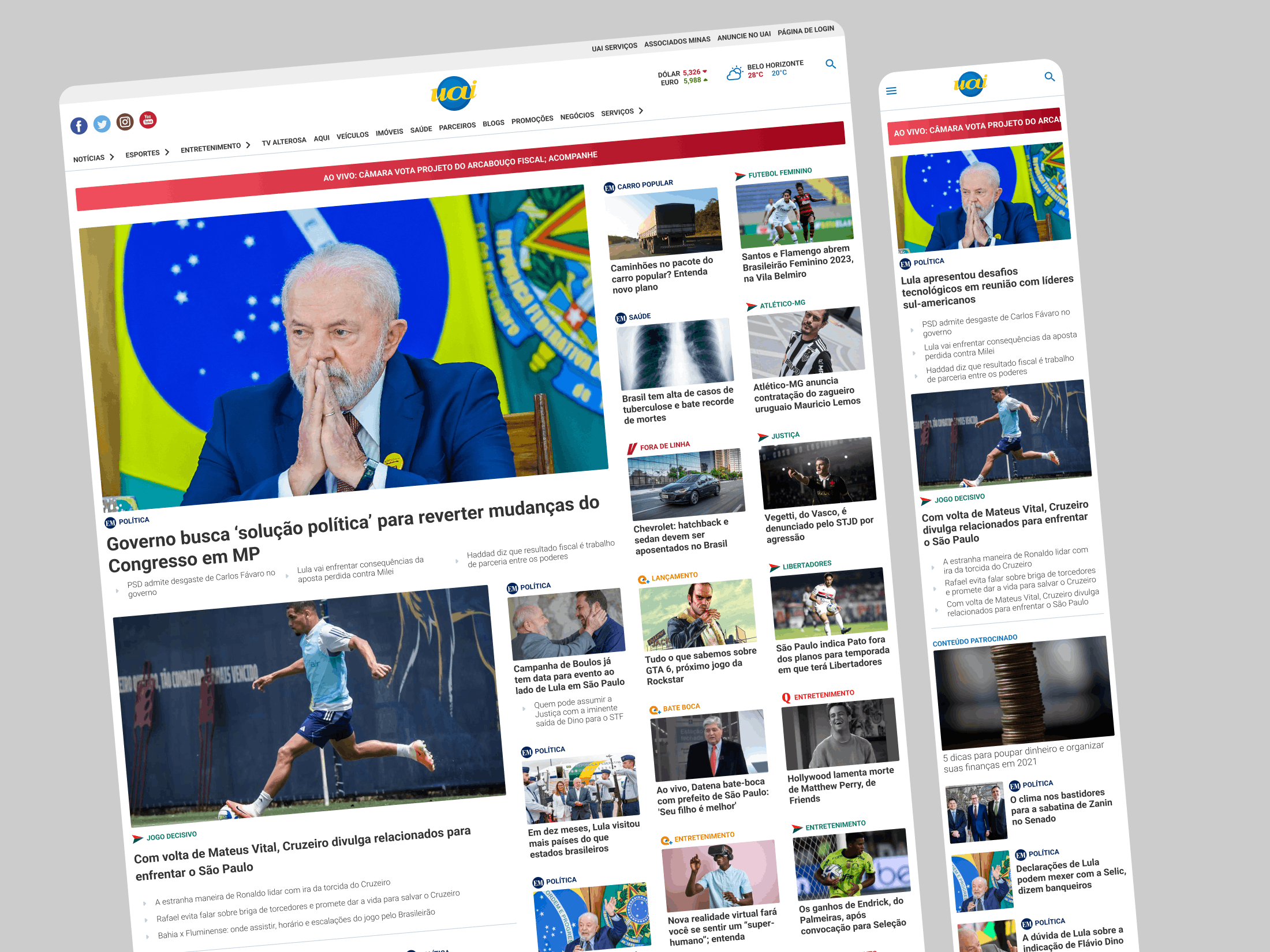 Home screen of Portal Uai, the leading digital news platform in Minas Gerais and a major content hub for Diários Associados.