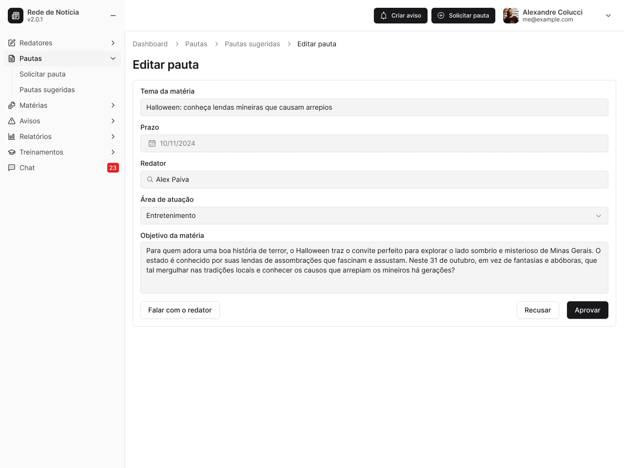 Editorial pitch edit screen in the editor dashboard