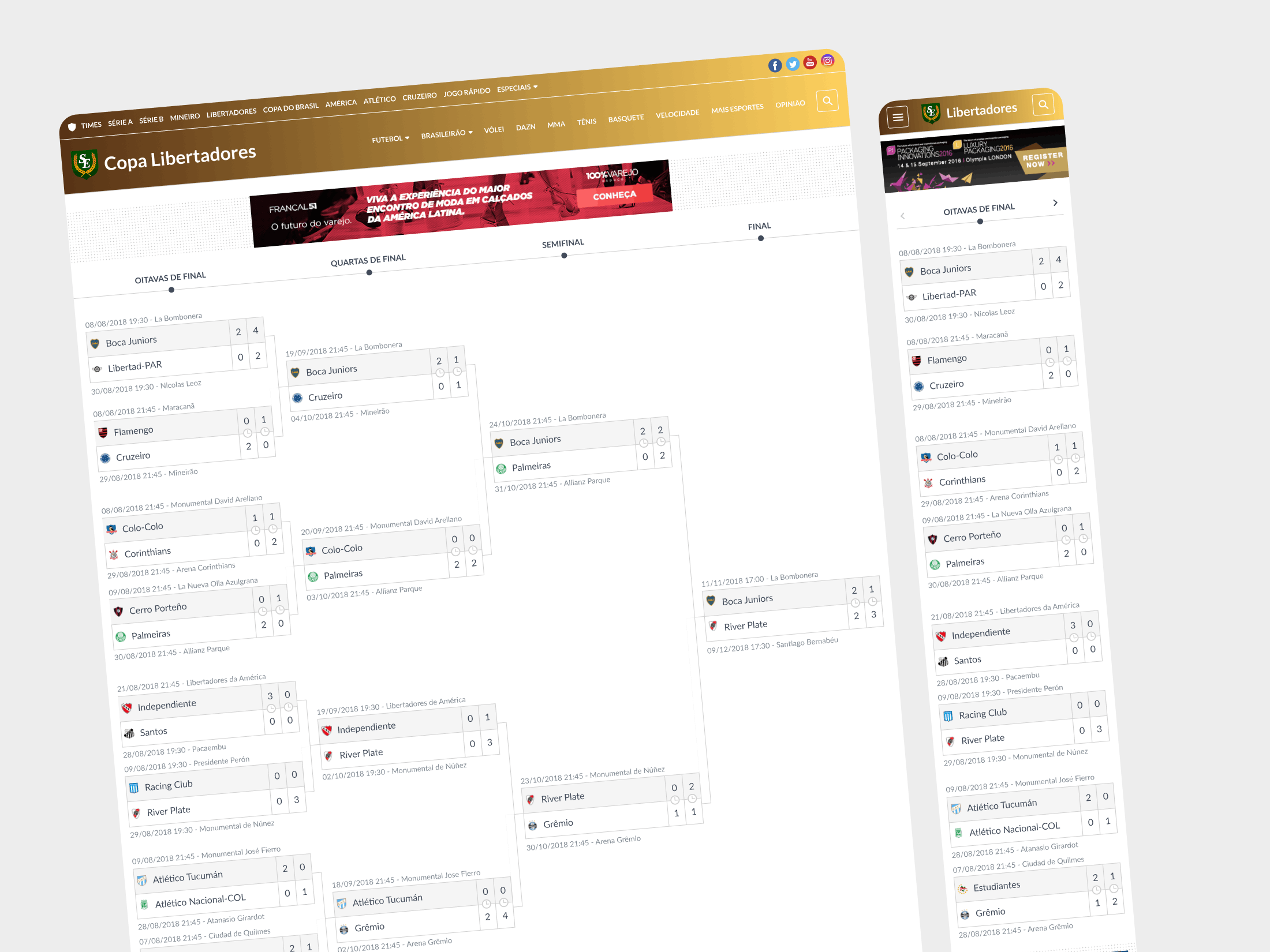 Superesportes Copa Libertadores bracket page displaying tournament progression.