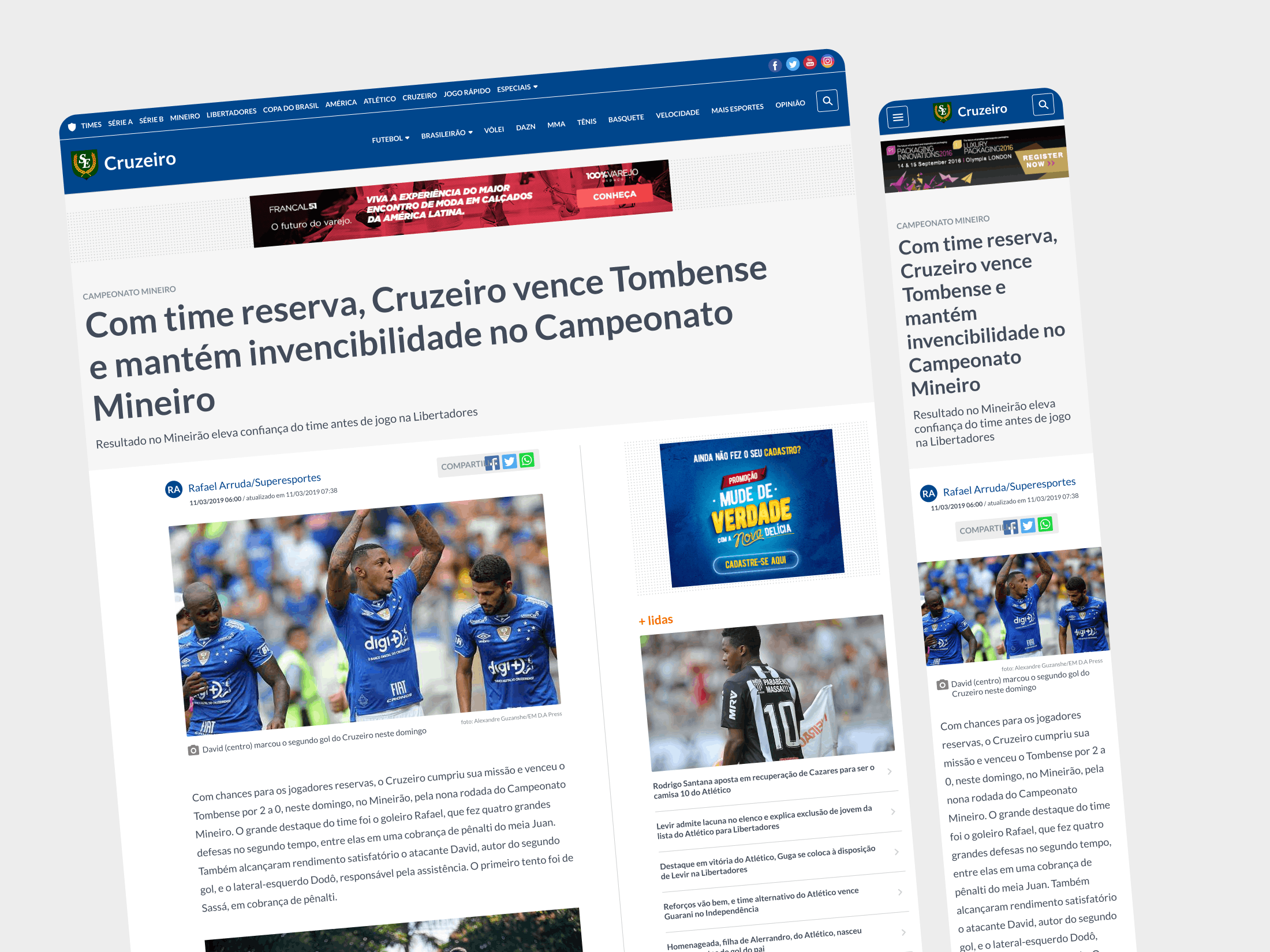 Superesportes article page about Cruzeiro match result with headline, featured image, sidebar content, and mobile layout.