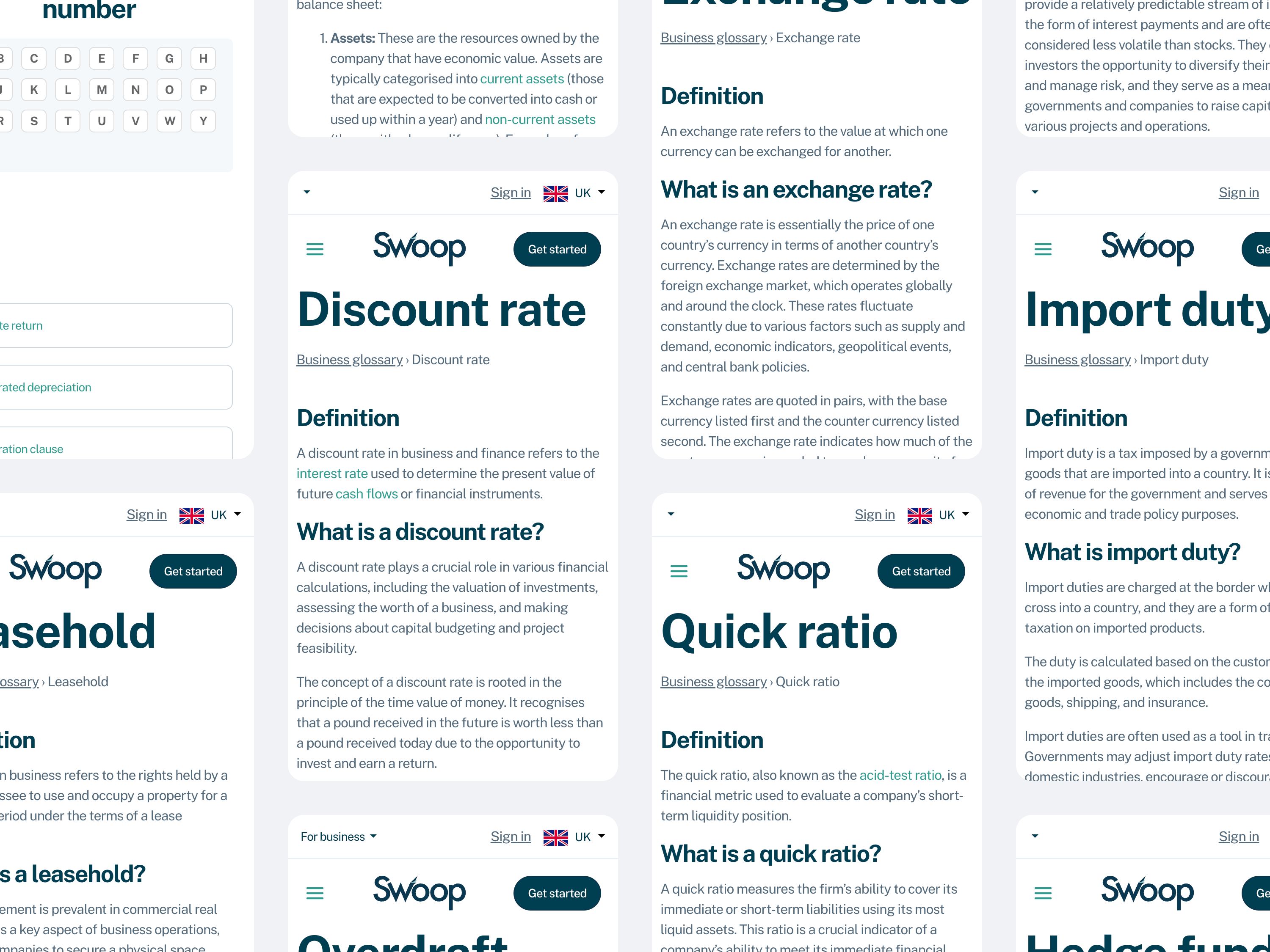 Swoop financial glossary interface.