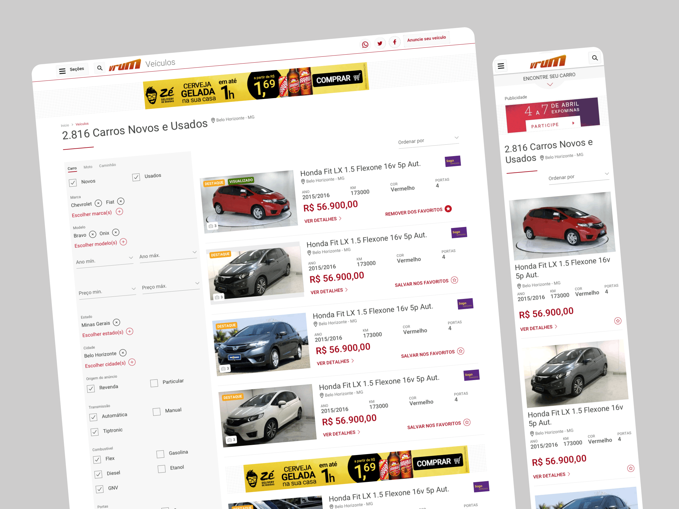 Vehicle listings page showing filter sidebar, search options, and multiple car result cards with prices and details.